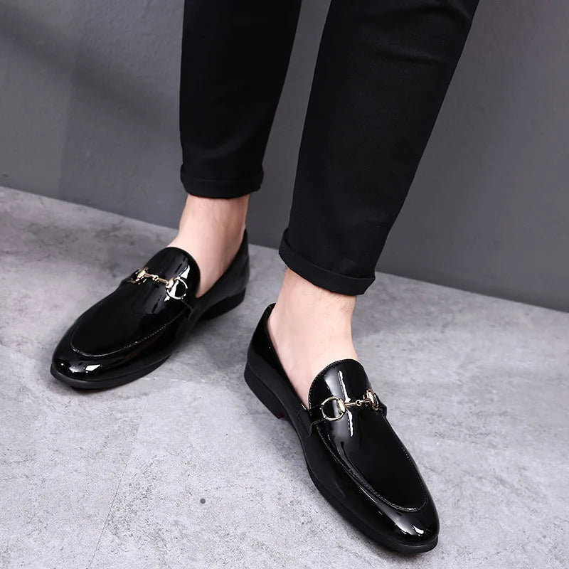 Mocassin En Cuir Noir Vernis Pour Costume De Mariage Homme