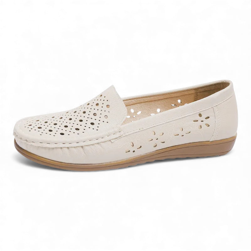 Mocassin En Cuir Beige Respirant Compensé Femme