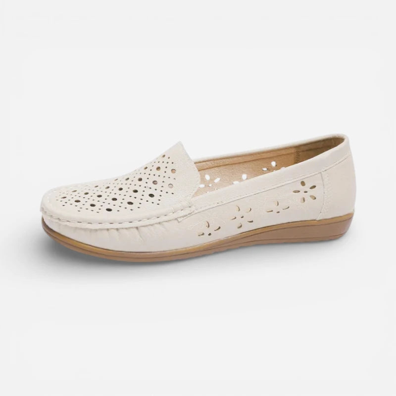 Mocassin En Cuir Beige Respirant Compensé Femme