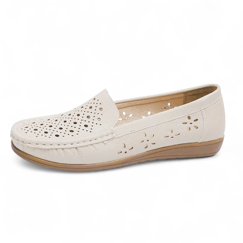 Mocassin En Cuir Beige Respirant Compensé Femme