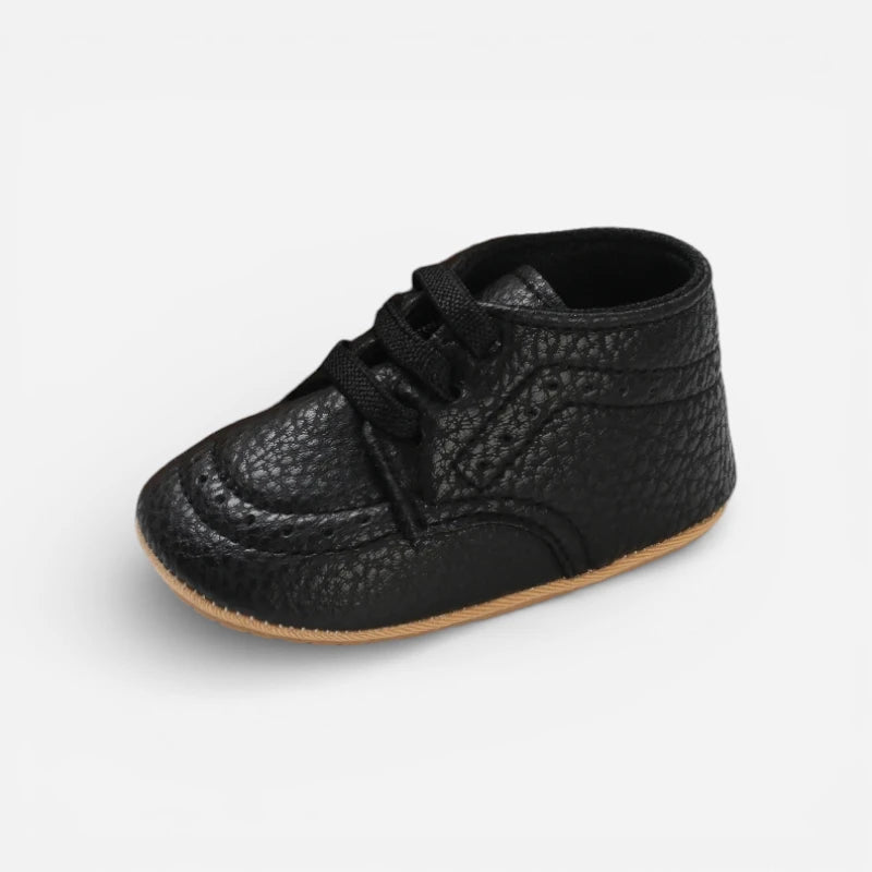 Mocassin Bébé En Cuir Noir à Lacet
