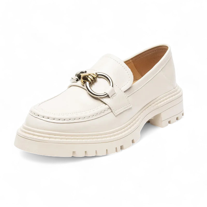 Mocassin Compensé En Cuir Blanc Et Chainette Pour Femme