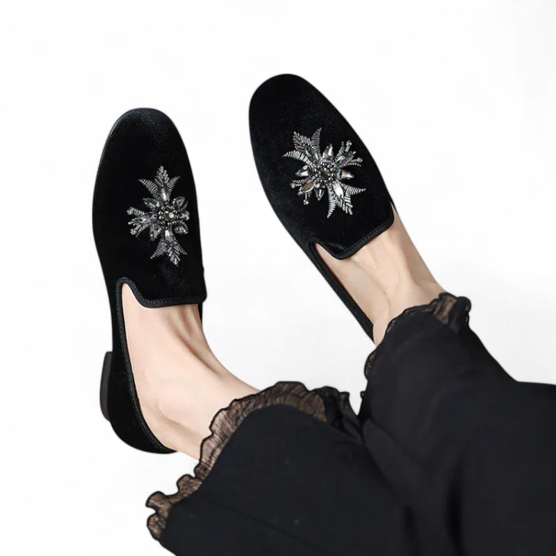 Mocassin Daim Noir Fleur Argenté Femme