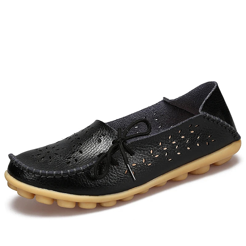 Mocassin Femme Cuir Respirant Motif Noir