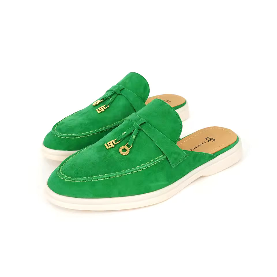 Mocassin Ouvert En Daim Vert à Gland Pour Femme