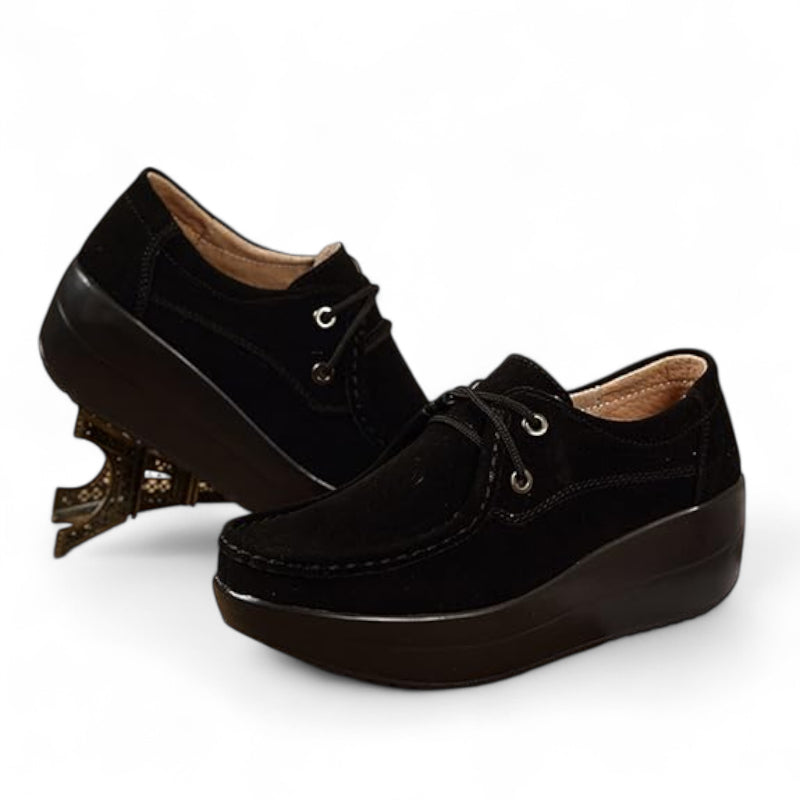 Mocassin En Daim Noir à Lacet Plateforme Pour Femme
