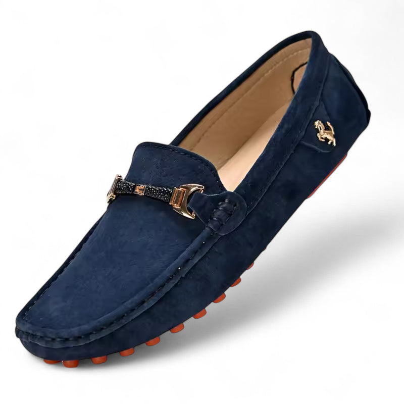 Mocassin En Daim Bleu Marine Avec Broche Pour Homme