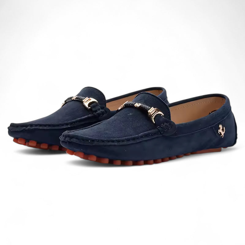 Mocassin En Daim Bleu Marine Avec Broche Pour Homme