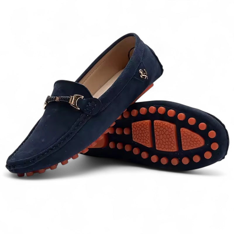 Mocassin En Daim Bleu Marine Avec Broche Pour Homme