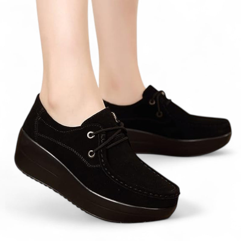 Mocassin En Daim Noir à Lacet Plateforme Pour Femme